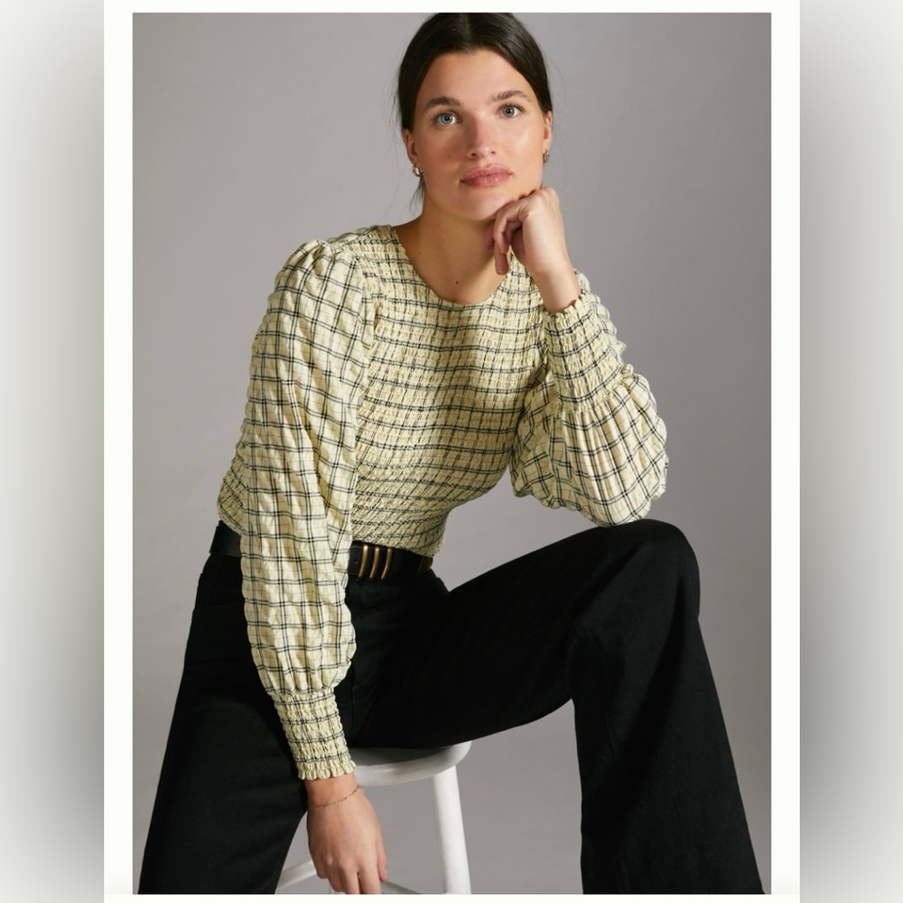 SOLD__Scotch & Soda | Smocked Tie-back Blouse Neutral Motif S - Picture 5 of 11